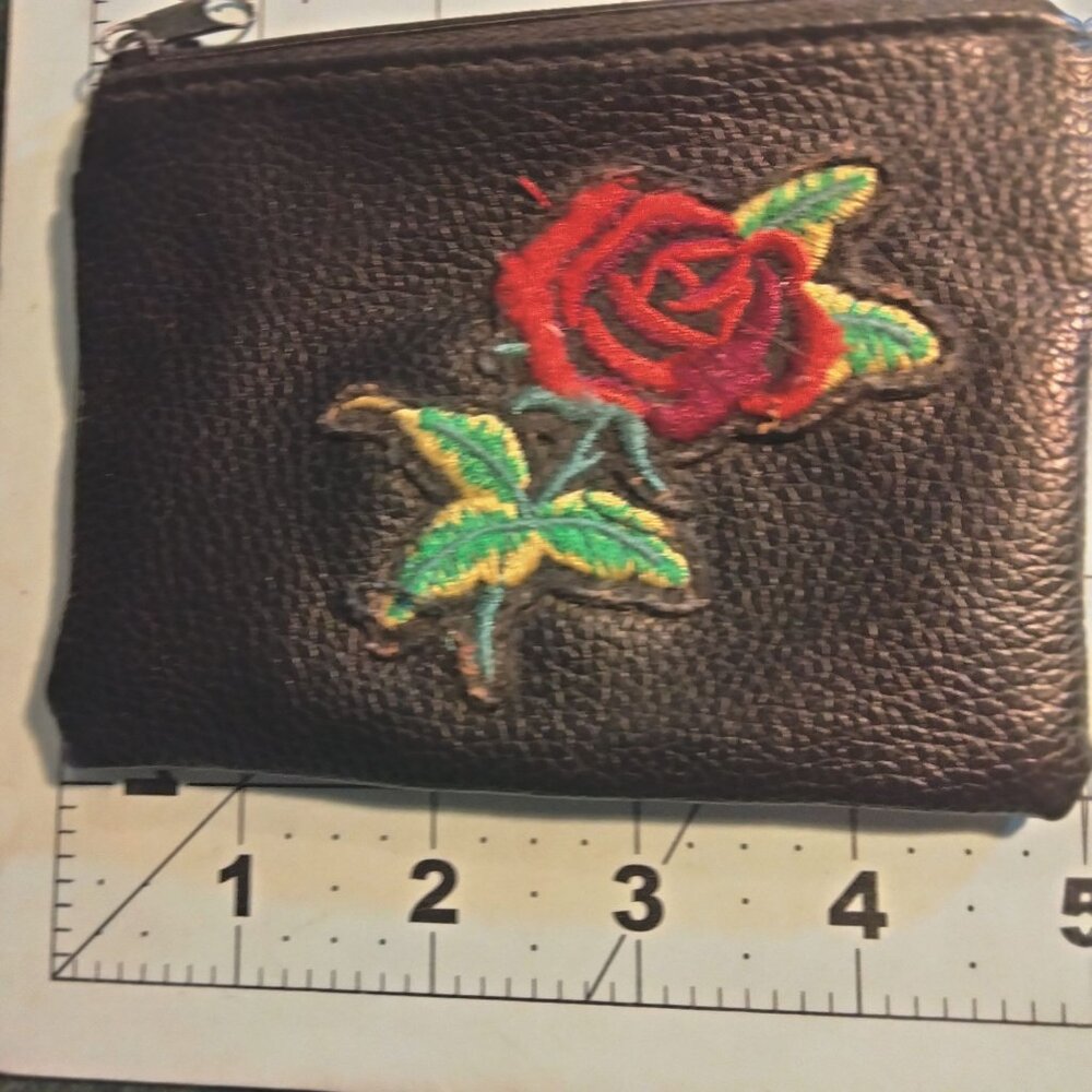 Black Faux Leather Coin Purse Embroidered Red Rose Zipper - Picture 5 of 6